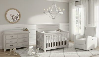 Coastal crib, dresser and Sophia power recliner in Boucle
