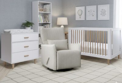 Molly crib, single dresser and  Lily swivel recliner glider